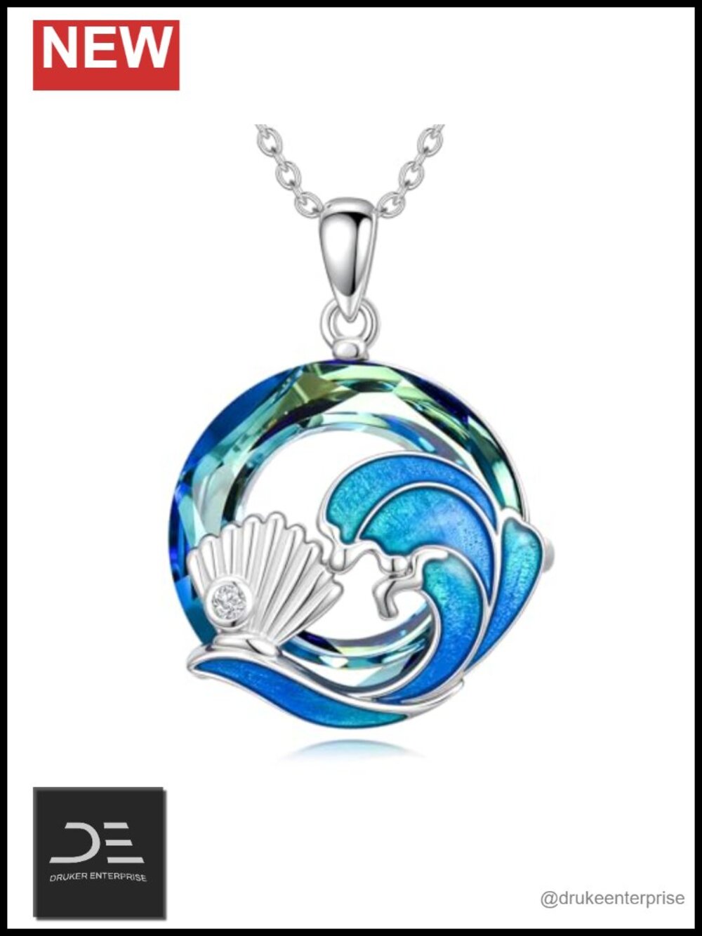 925 Sterling Silver Crystal Pendant Necklace for Women Ocean Wave Seashell Gift